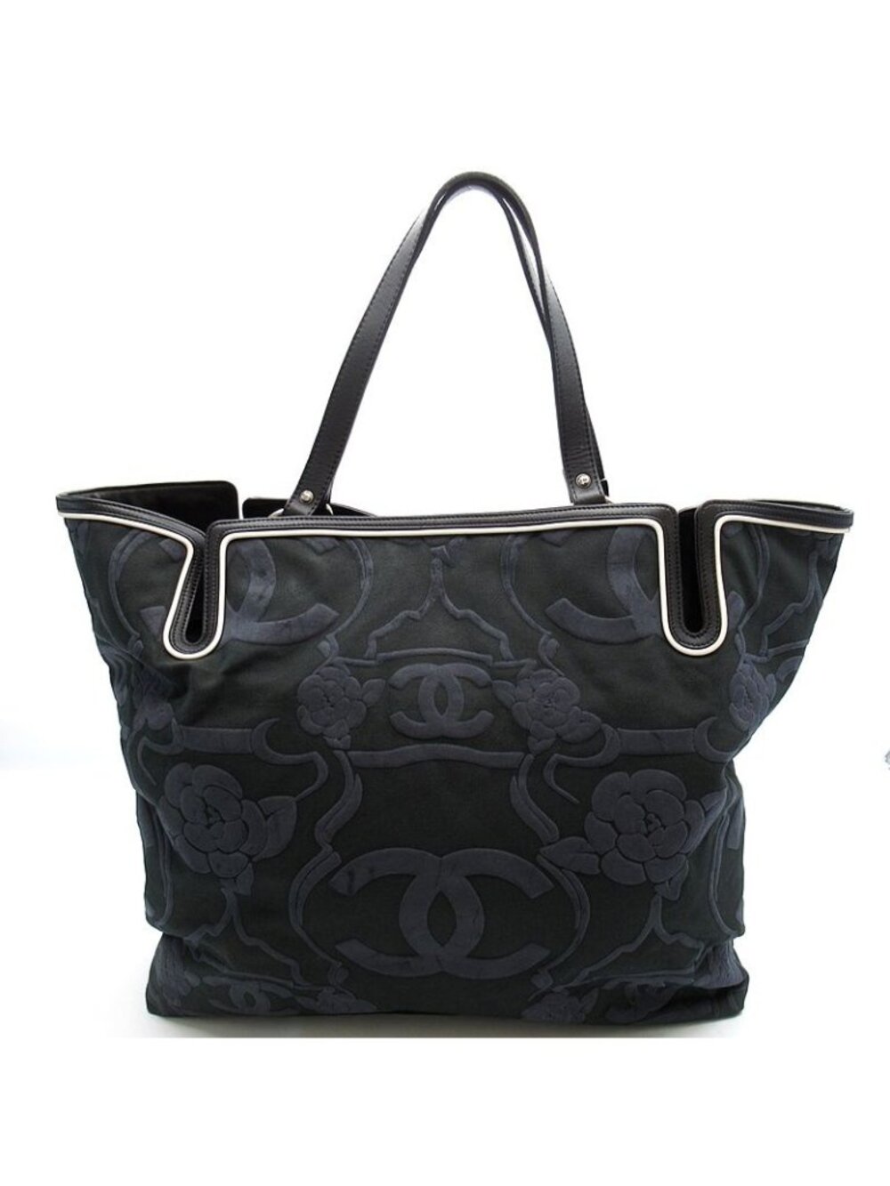 Chanel Camellia Tote Bag Canvas Leather Black